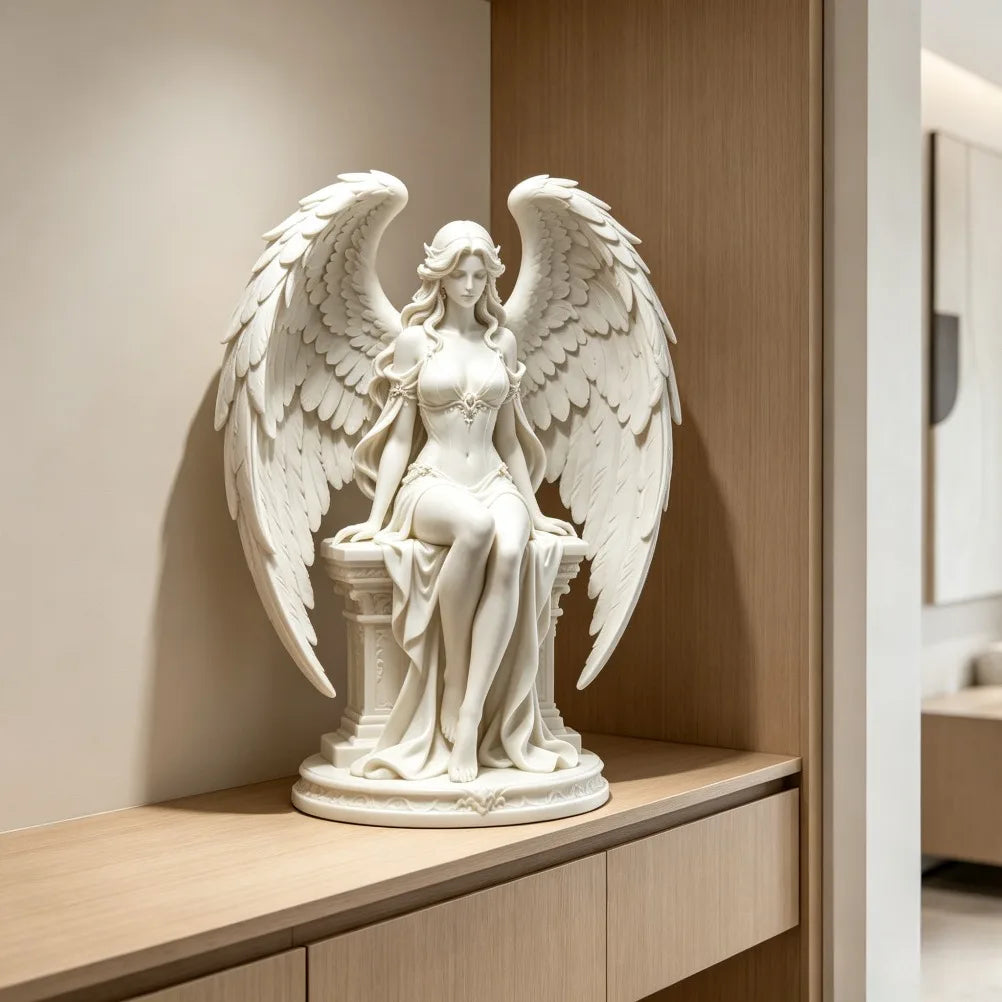 Graceful Sitting Winged Goddess Sculpture Neoclassical 3D Printing Angel Figurine Layered Feather Wings Tabletop Decor Oasis Select