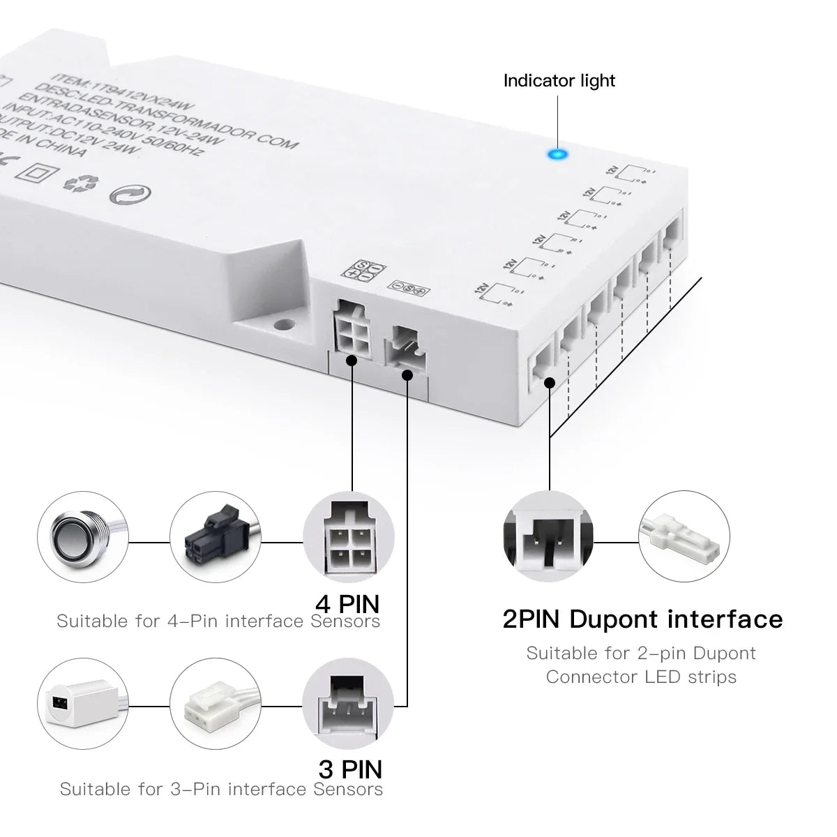 AC/DC Power Transformer Converter+Penetrate Touch Dimmable Switch 12V Lighting Adapter for LED Strip/LED Tube 4-10 Dupont Ports Oasis Select