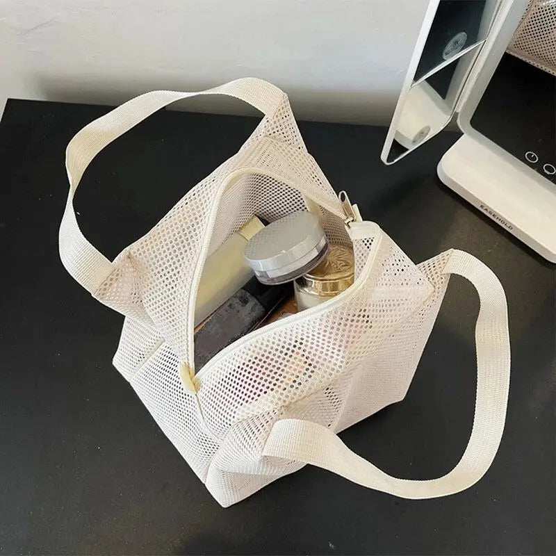 New Large Capacity Mesh Bag with handle Travel Toiltery Makeup Bag Portable Beach Bag Cosmetic Zipper Pouch Oasis Select