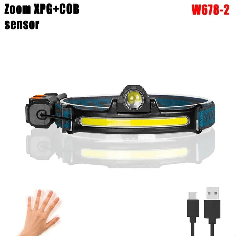 IR Sensor LED Headlamp XPG+COB USB Rechargeable Waterproof 2000mAh