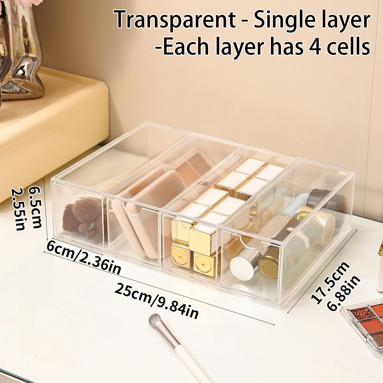 1pc one layer four grid transparent/white acrylic cosmetics storage box, stackable drawer style dressing table display box Oasis Select transparent