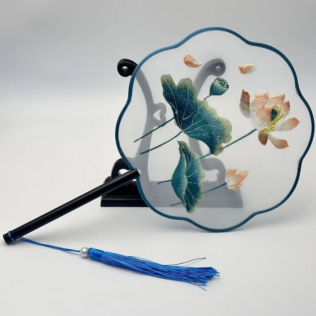 Chinese Style Silk Round Fan Double-sided Floral Embroidery Hand Fans with Tassel Summer Dance Fan For Women Wedding Home Decor Oasis Select Assorted Colors-3