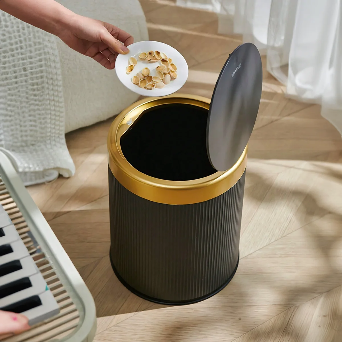 Modern White and Black Double Layered Trash Bin with Press Top Lid for Bathroom, Office and Bedroom Oasis Select