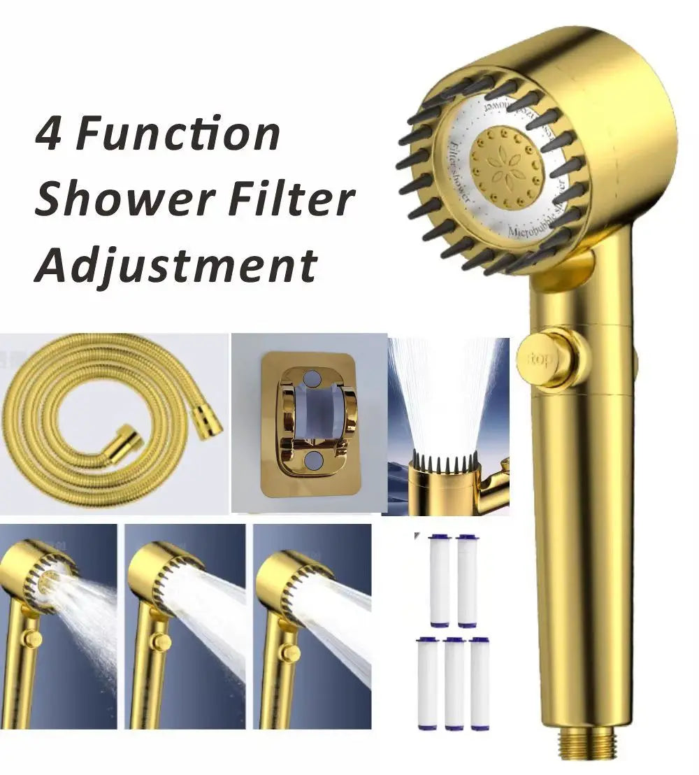 High Pressurized Filter Gold Shower Head 3 Modes Adjustable Spray With Massage Brush Rain Faucet Shower Set Bathroom Accessory Oasis Select