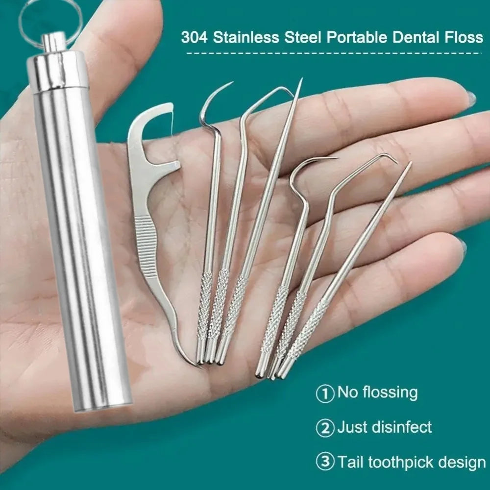 7pcs/set Reusable Stainless Steel Toothpick Set with Toothpick Holder Keychain Design Tartar Removal Tool Oral Clean Oasis Select