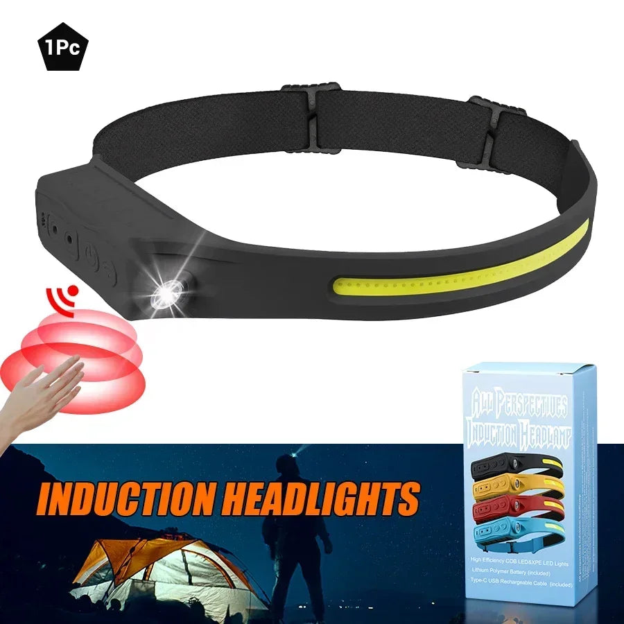 Powerful COB LED Induction Headlamp Built-in Battery USB Rechargeable Head Flashlight Outdoor Camping Fishing Riding Headlight Oasis Select Black 1PC