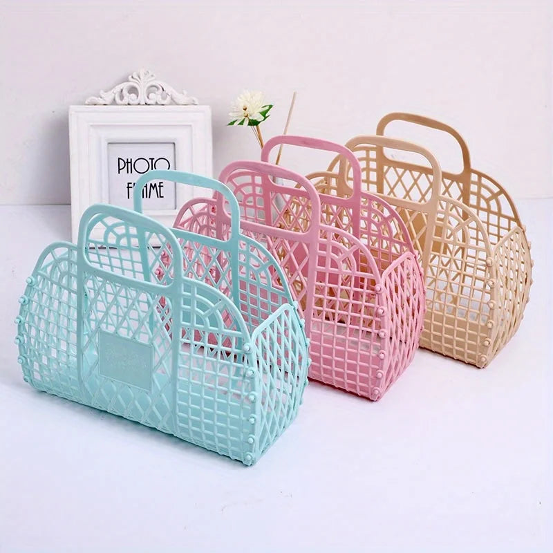 Collapsible Plastic Storage Basket Bag, Casual Open Travel Cosmetic Organizer with Dual Handles Design, Hand Wash Beach Bag Oasis Select