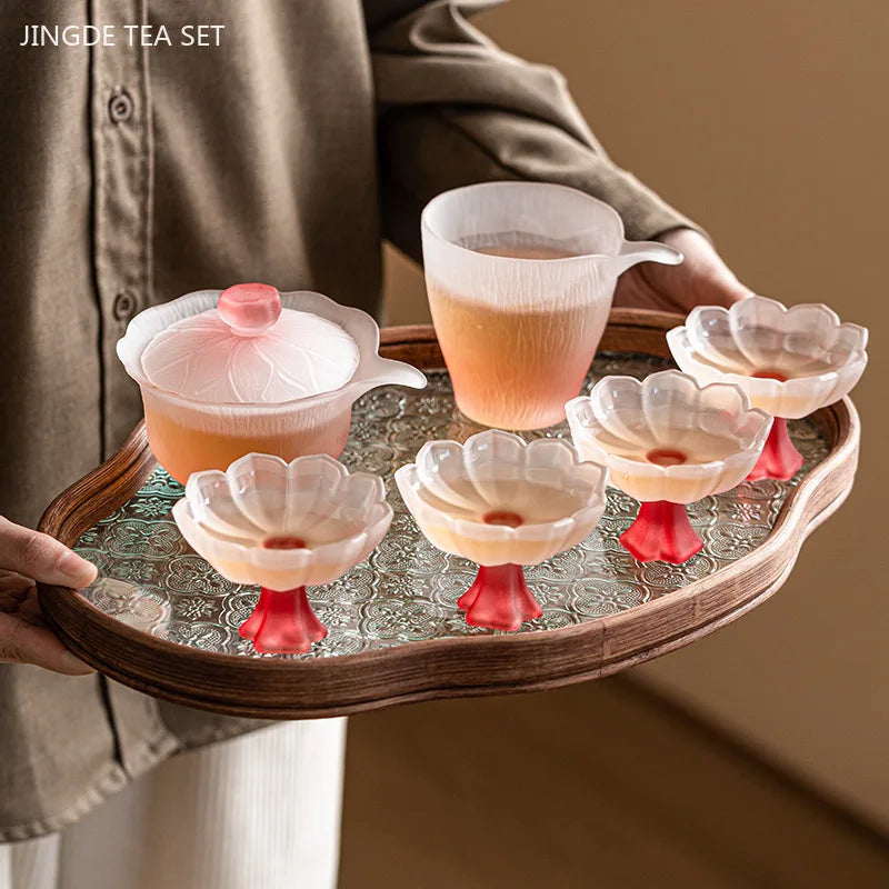Pink Glass Tea Set Home High Temperature Gaiwan Fair Cup Teacup Set Chinese Exquisite Teaware Set Boutique Beauty Tea Infuser Oasis Select