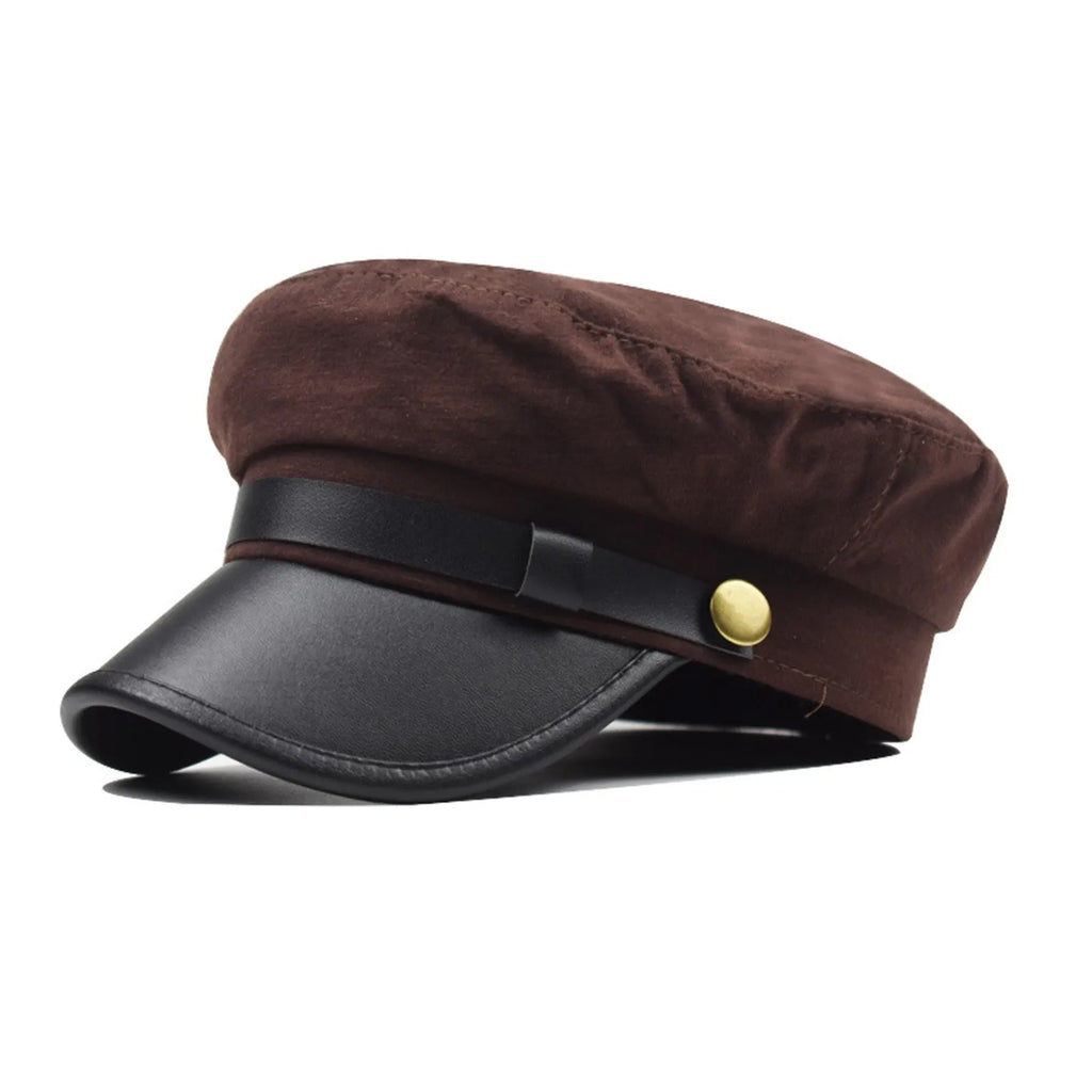 Unisex Cycling Caps PU Leather Hat Autumn Sailor Hat for Women Men Men Black Female Travel Student Hat Captain Hat Flat Top Oasis Select Coffee
