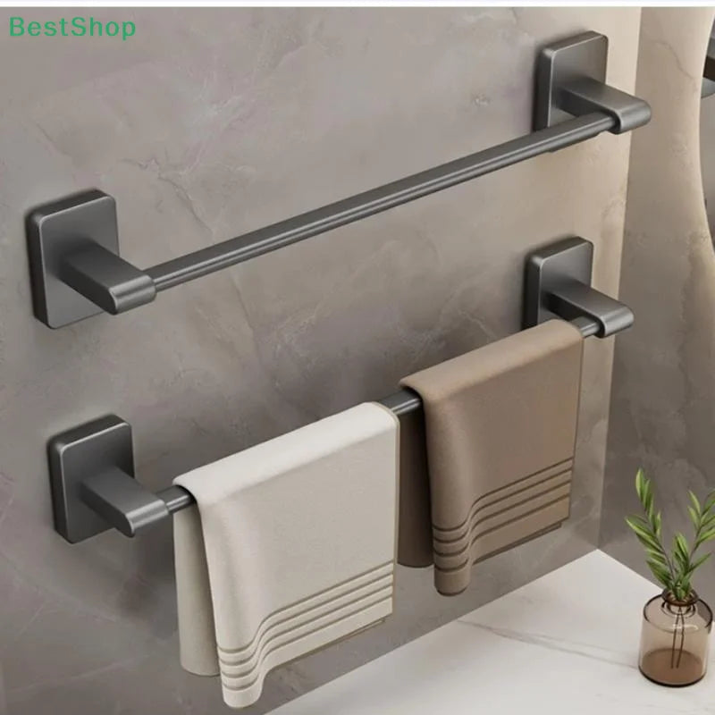 Punch-Free Wall Mount Towel Bar & Rack – No Drill Aluminum
