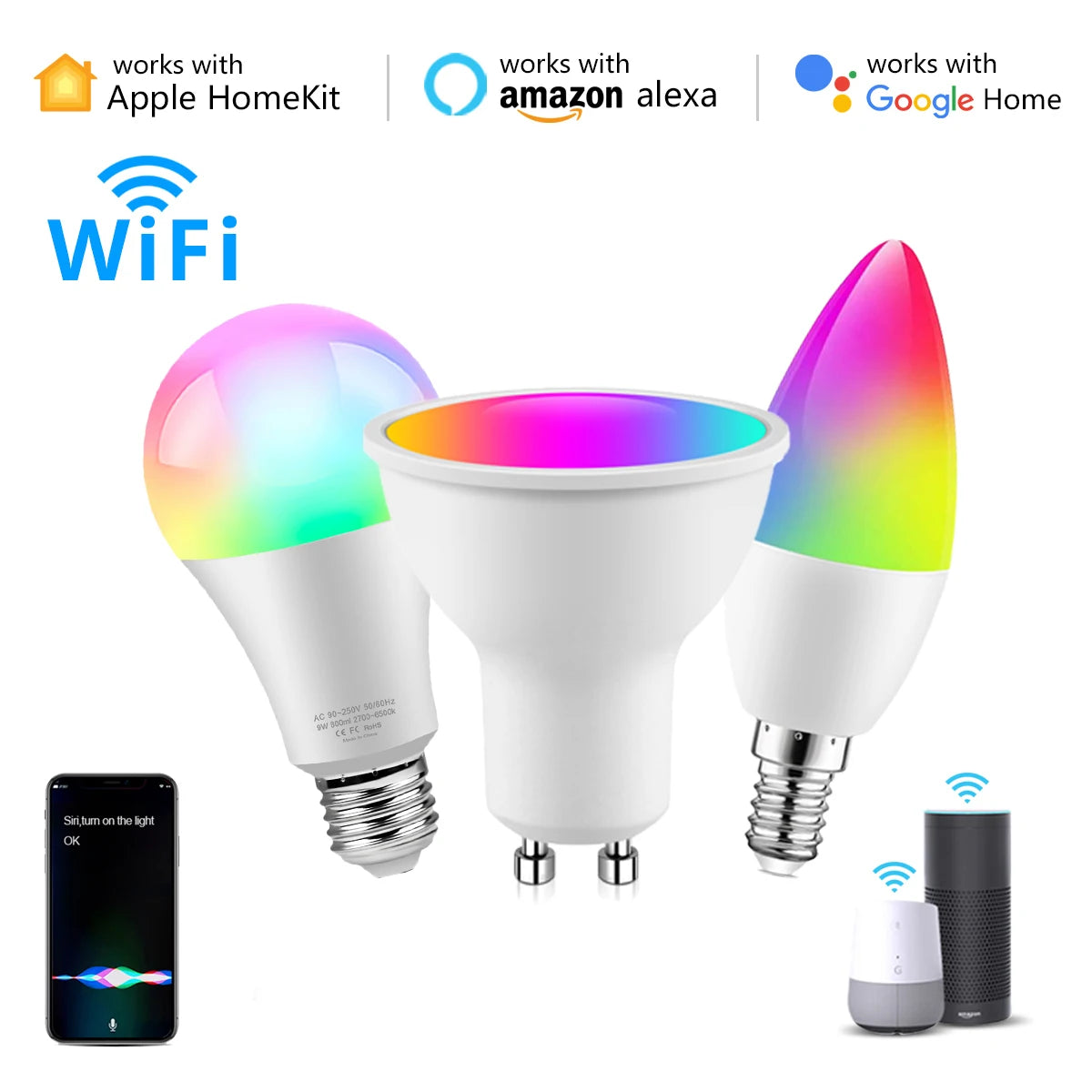 Smart Bulb E27 E14 GU10 Bubble Dimmable LED Light Siri Voice Control Bulb RGBCW AC85-265V Smart Home Bulb for Alexa Google Home Oasis Select