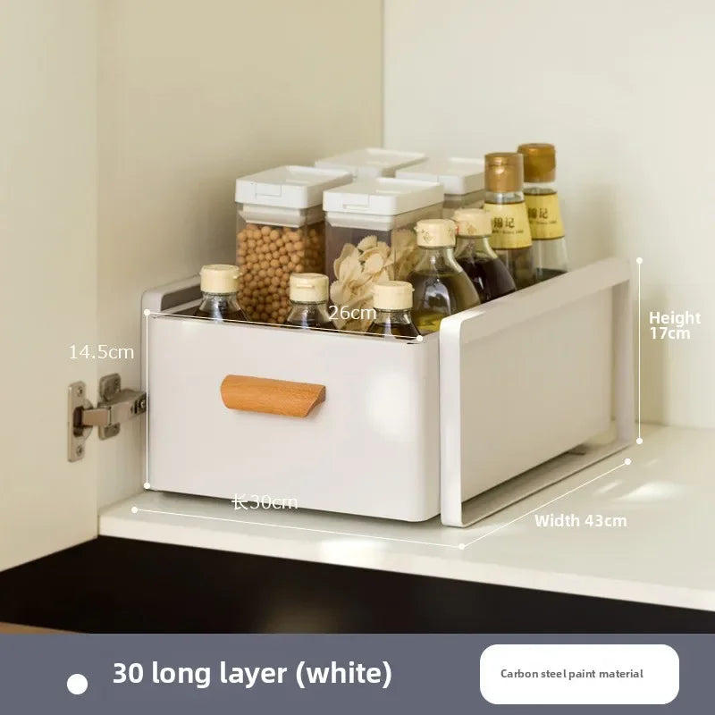 Multi-functional Kitchen Lower Sink Shelf Seasoning Dishes Pull-out Storage Box Sink Storage Rack Cabinet Pull Basket Layer Rack Oasis Select White A-1-30