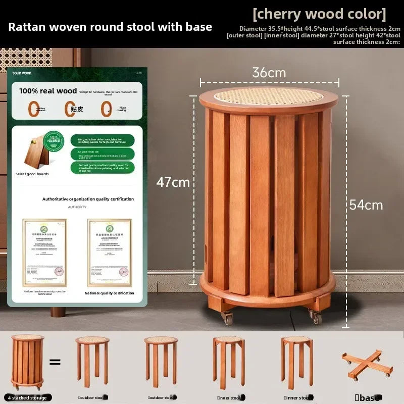 Household stools can be stacked solid wood round stools stacked low stools with pulleys wooden stools sturdy and durable Oasis Select Sakura-4E