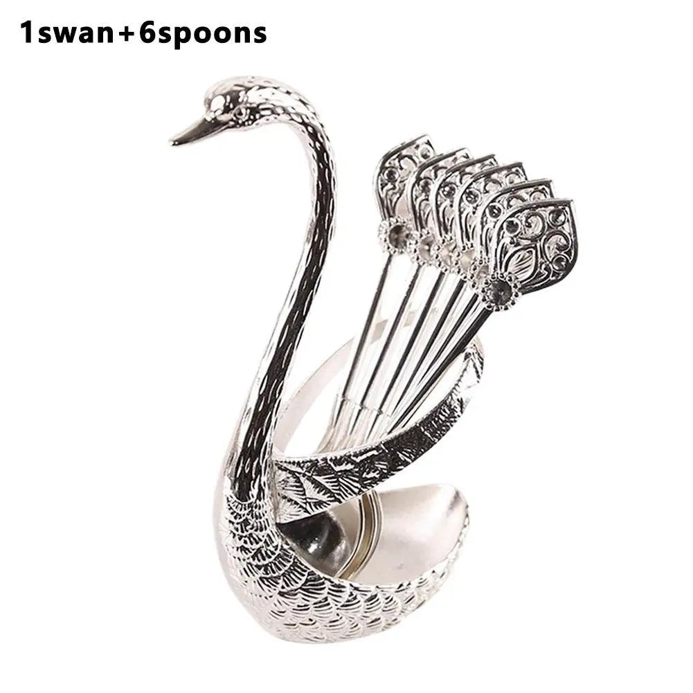 Stainless Steel Creative Dinnerware Set Decorative Swan Base Holder With 6 Spoons For Coffee Tea Cake Dessert Kitchen Supplies Oasis Select Silvery