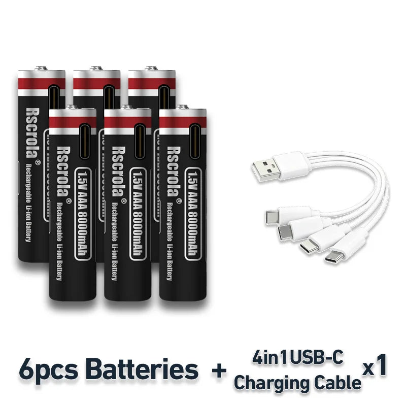 1.5V AAA Rechargeable Li-ion Battery 8000mAh Type-C USB Fast Charging for Toys Shaver Smart Home Devices Oasis Select 6 PCS AAA Batteries