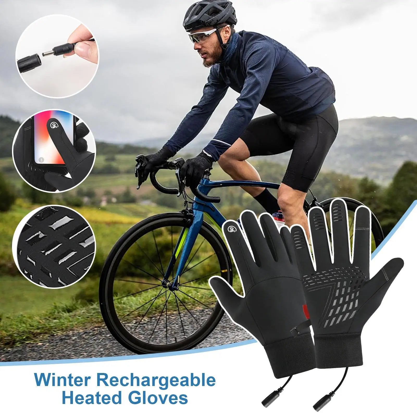 Heated Gloves Motorcycle Gloves USB Charging Windproof Non-Slip Touchscreen Waterproof Thick Drawstring Mitten for Skiing Oasis Select