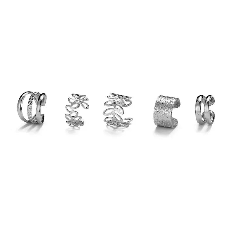 5-Piece Silver Leaf Clip Ear Cuffs | Non-Piercing Earring Set Clip-On Earrings Oasis Select Silver
