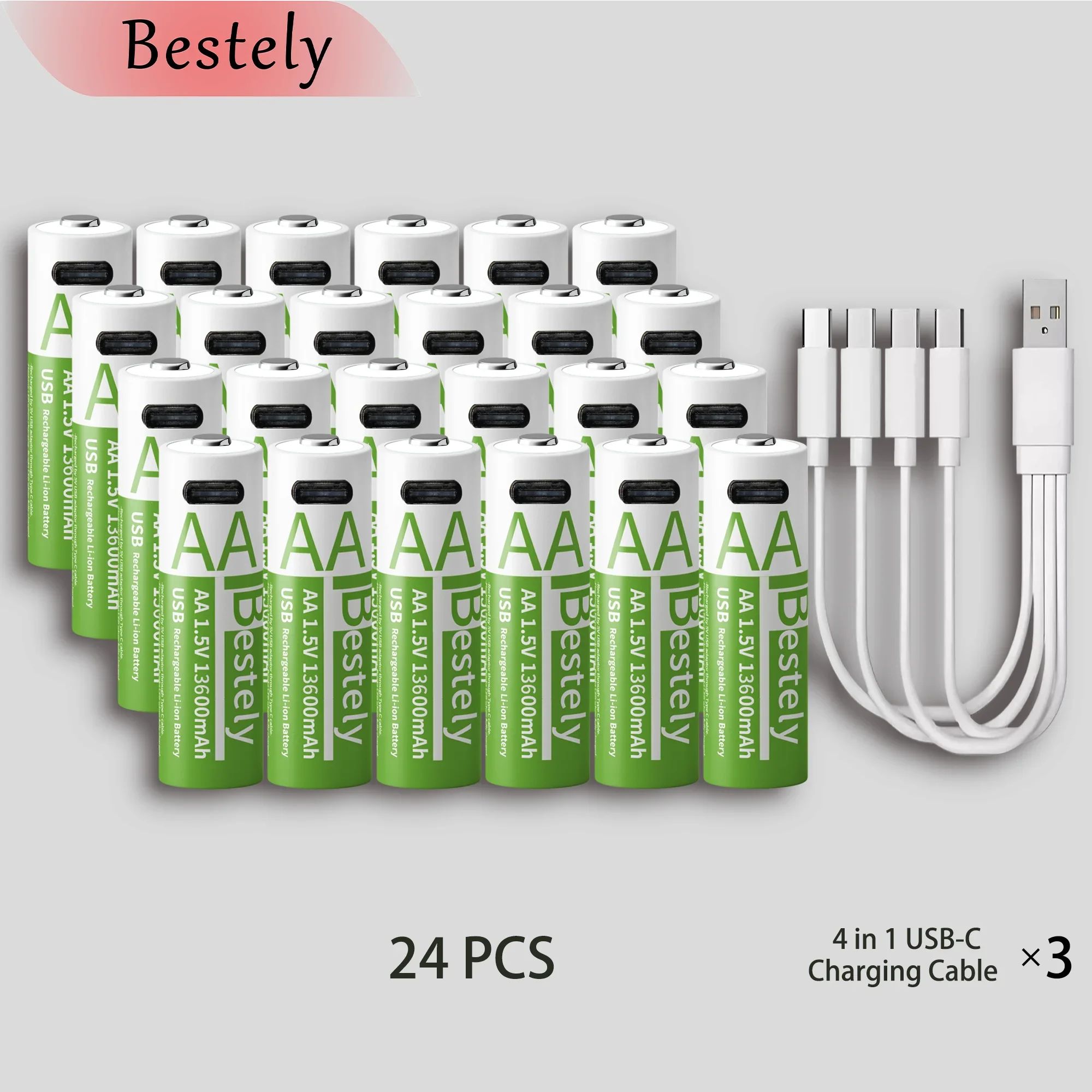 Latest Rechargeable 1.5V AA 13600mAh USB Lithium Battery , Fast Charging Li-ion AA Battery , 2000 Cycle with USB- C Port Cables Oasis Select 24 pcs batteries