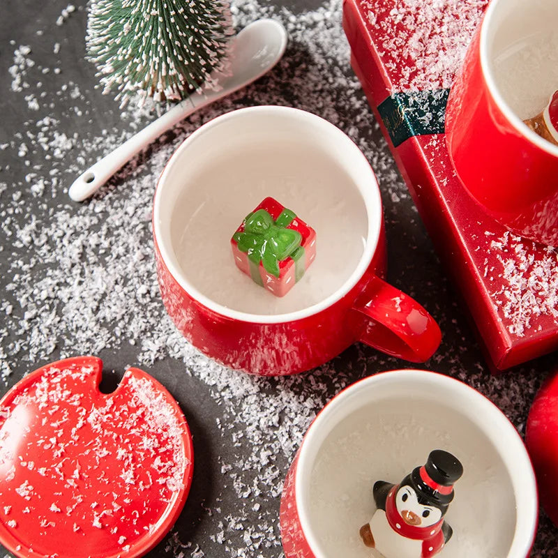 Ceramic Water Cup Santa Claus Snowman Red Festive Mug with Lid Spoon Christmas Tree Reindeer Cup Christmas Gift Oasis Select