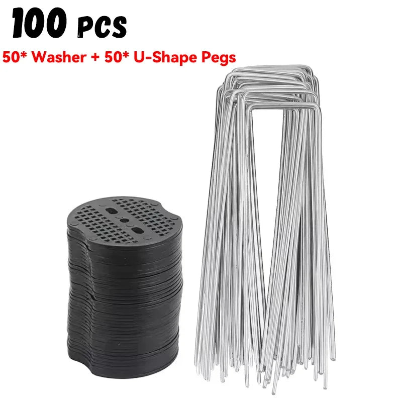 100-200Pcs U-shaped Ground Pegs with Buffer Washers Garden Pegs for Securing Weed Landscape Fabric Netting Garden Lawn Accessory Oasis Select 100pcs