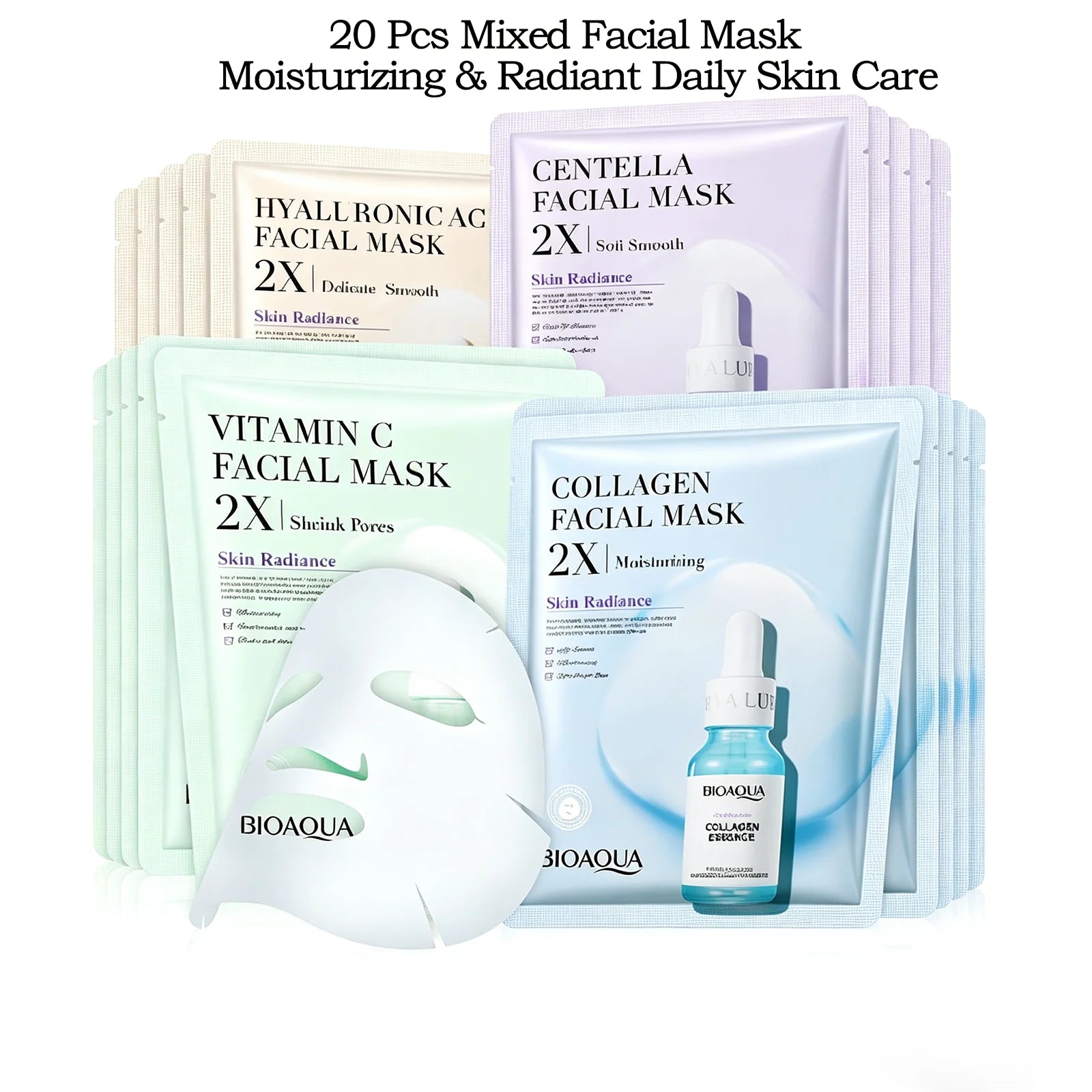 BIOAQUA Centella Collagen Sheet Mask 20Pcs Hyaluronic Acid Hydrating Moisturizing Brightening Daily Skin Care for Dry Skin Women Oasis Select