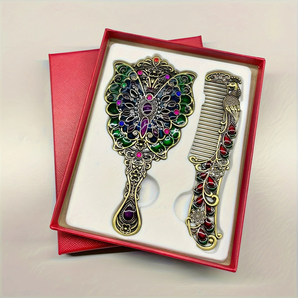 2pcs/Set Vintage Mirror And Comb Set Peacock Flower Decorative Mirror Comb Portable Makeup Mirror Comb (rhinetone Color Random) Oasis Select Greenbutterflies