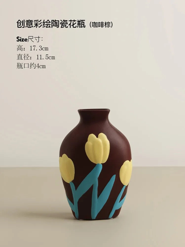 Nordic Morandi Painted Ceramic Vase Living Room Floral Arrangement Creative Home Modern Abstract Art Decoration Oasis Select E