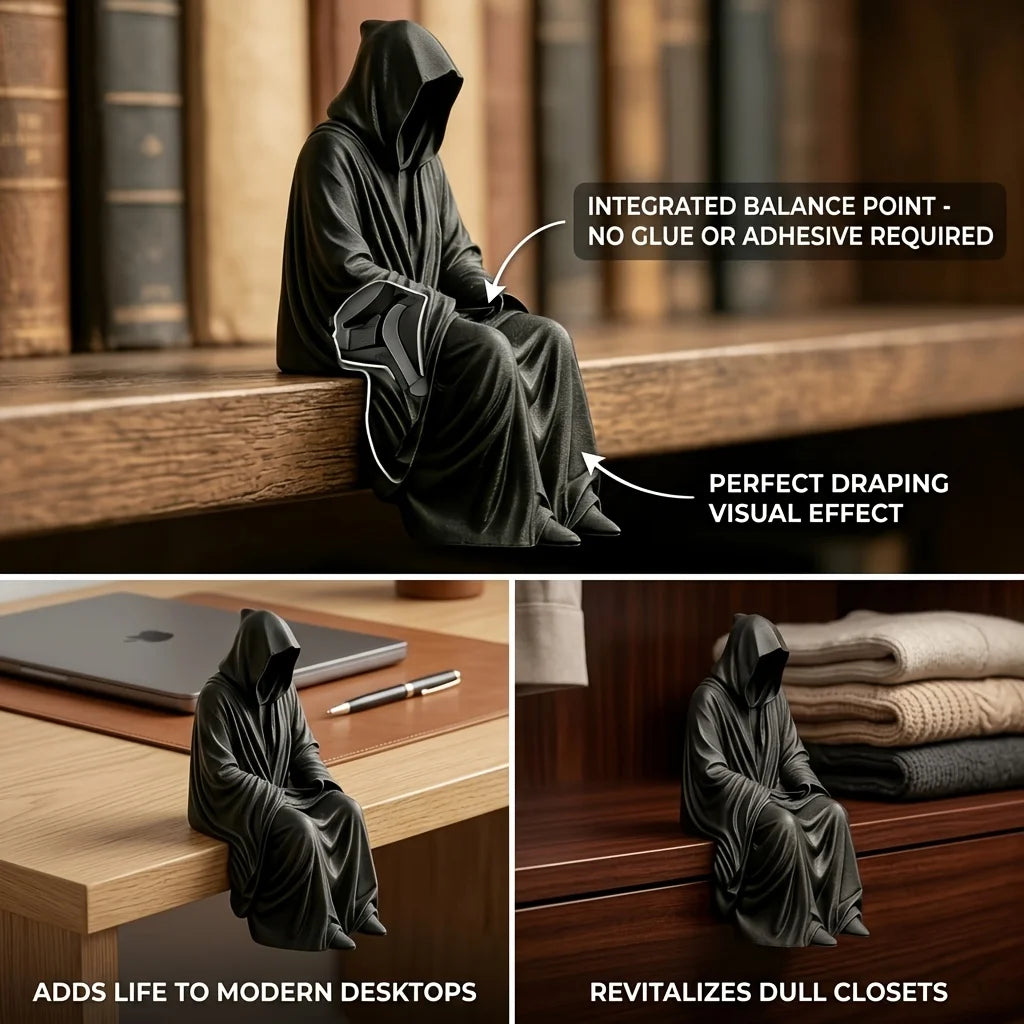 Gothic Grim Reaper Desktop Edge sitting posture Ornament Black Robe Faceless Wizard Sculpture Ornament Home Desktop Decor Oasis Select
