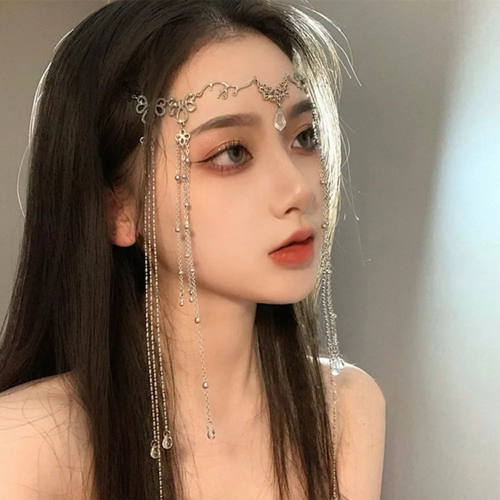 Women Accessory Crystal Water Drop Tassel Head Chain Long Tassel Golden Eyebrow Center Pendant Vintage Forehead Ornament Wedding Oasis Select