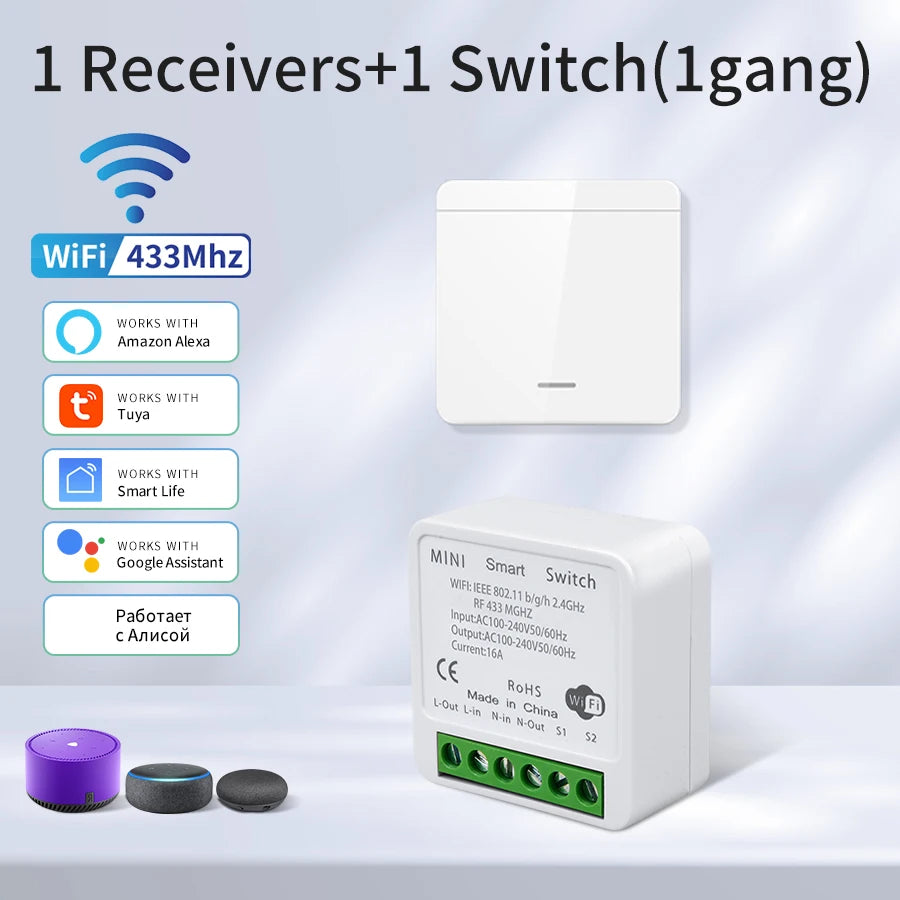 Tuya WiFi RF433MHz Smart Wall Switch 1/2/3 Gang | Alexa Google Smart WiFi Switch Oasis Select 1Receiver1Switch 20A