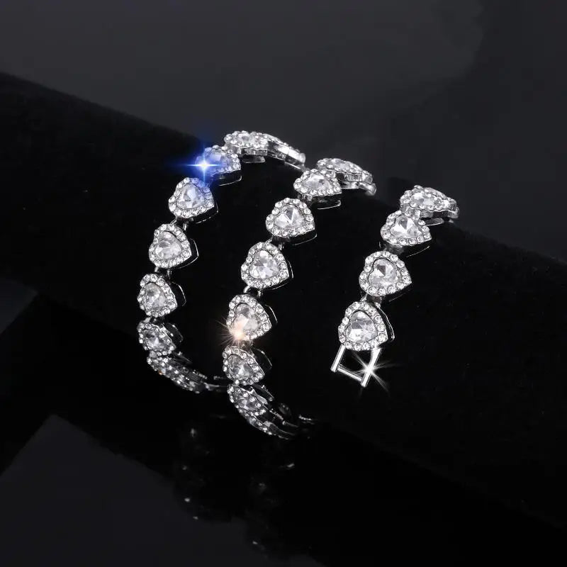 45CM New Hip Hop Tennis Chain Bracelet Necklace Shiny Heart Rhinestone CZ Fashion Rock Party Jewelry Oasis Select