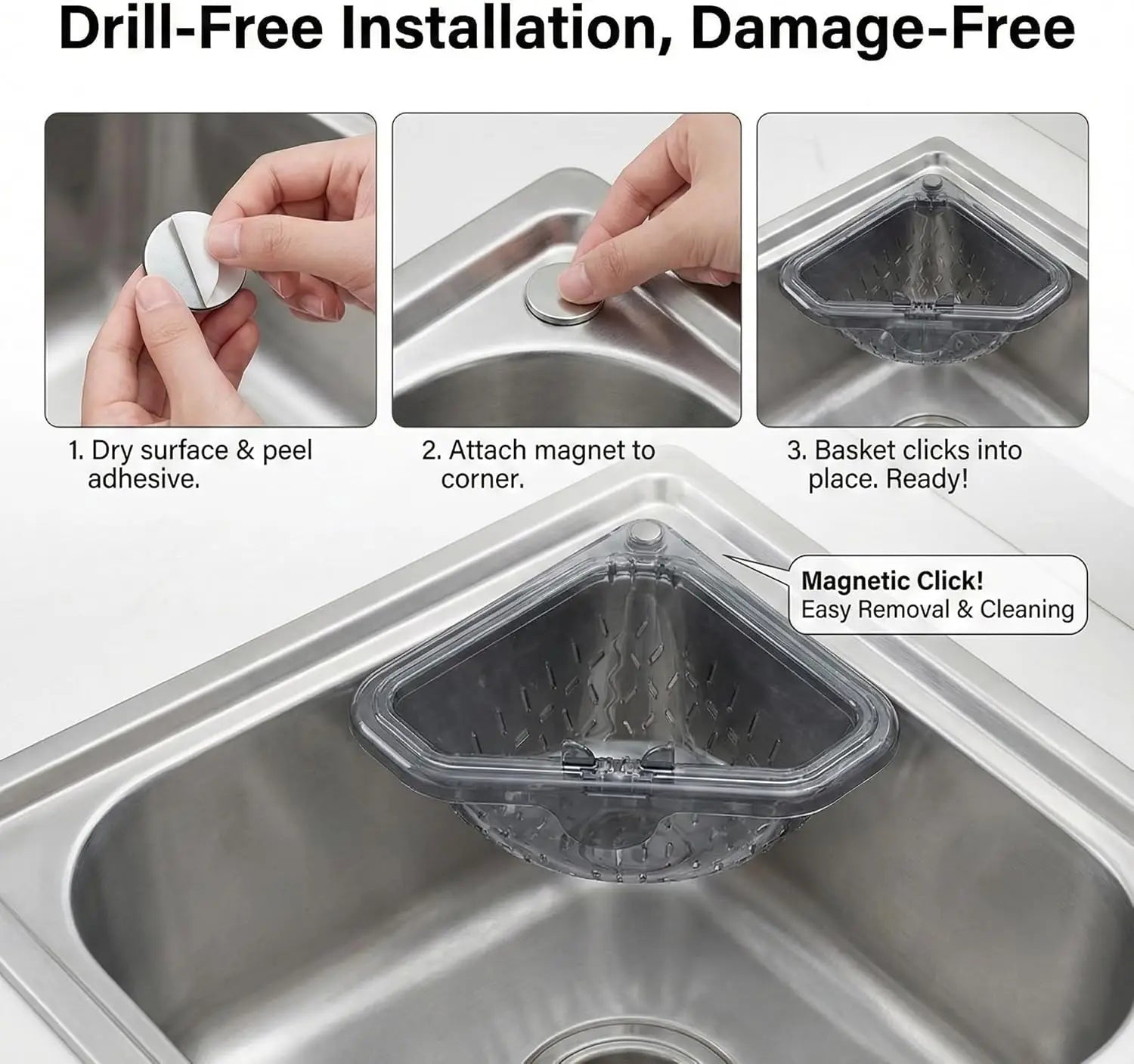 Magnetic Triangle Sink Strainer Basket Food Catcher & Drain Basket for Fruits Vegetable Scraps, Corner Kitchen Sink Organizer Oasis Select