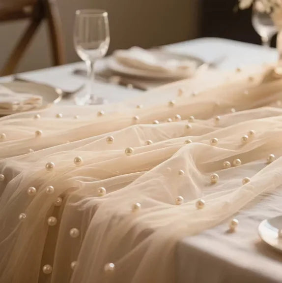 Pearl Chiffon Table Runner 160x100cm Semi Transparent Gauze Mesh Table Cloth for Wedding Bridal Shower Party Dining Decoration Oasis Select 160x100cm 1