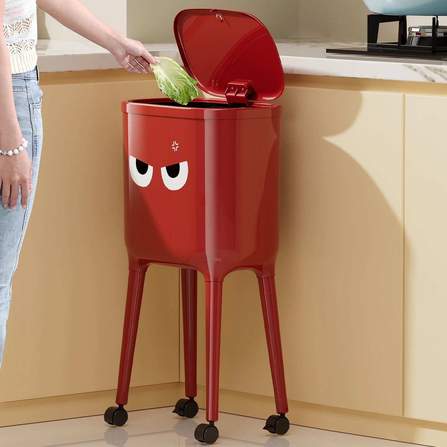 High-leg bin, no bending required, press-to-open lid design—large-capacity oval kitchen/living room bin, durable plastic Oasis Select