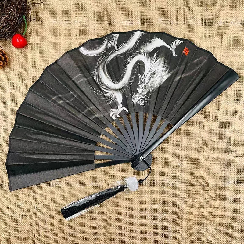Chinese Style Folding Fan Classical Dancing Cloth Fan Vintage Plastic Animal Dragon Printing Hand Held Fans Photo Props Cosplay Oasis Select Style 1
