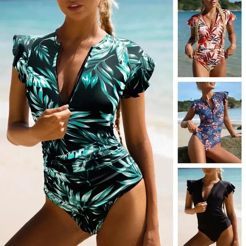 2024 Fashion Short Dress One-piece Swimsuit Zipper Swimsuit Sexy Bikini Women's Thickened Printed Swimming Beach Wear Summer Oasis Select