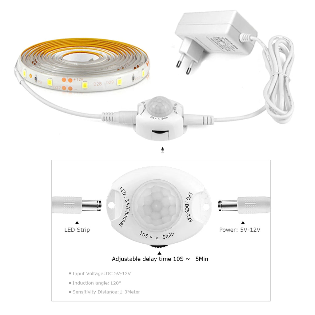 LED Light Closet 1M-5M with PIR Motion Sensor Night Light 12V 2835 LED Strip for Kitchen Bedroom Bathroom Stair Smart Lamp Oasis Select