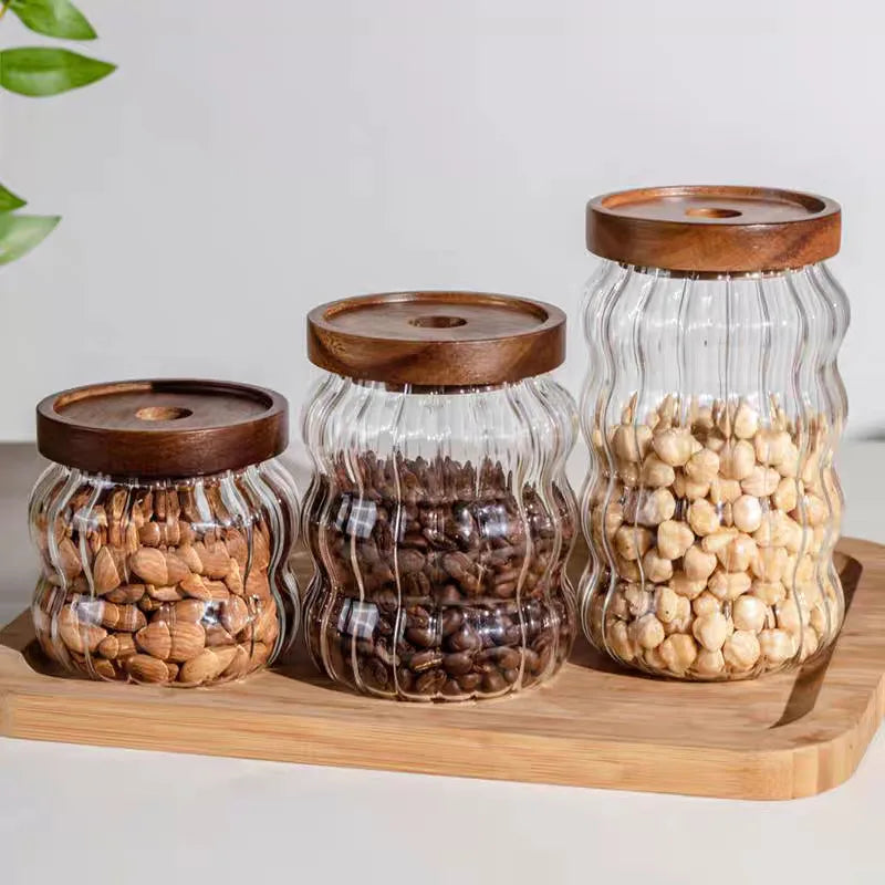 Wood Lid Striped Glass Airtight Canister Kitchen Storage Bottles Jars Food Container Coffee Beans Grains Candy Jar Containers Oasis Select