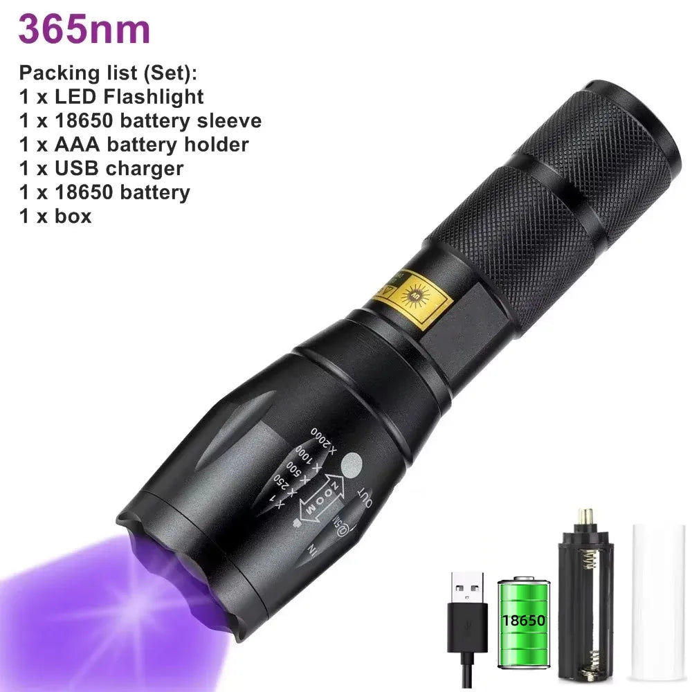 Zoom UV LED Flashlight 365nm 395nm Invisible Ink Marker Cat Dog Urine Tinea Ore Money Scorpion Fluorescence Light Use AAA 18650 Oasis Select