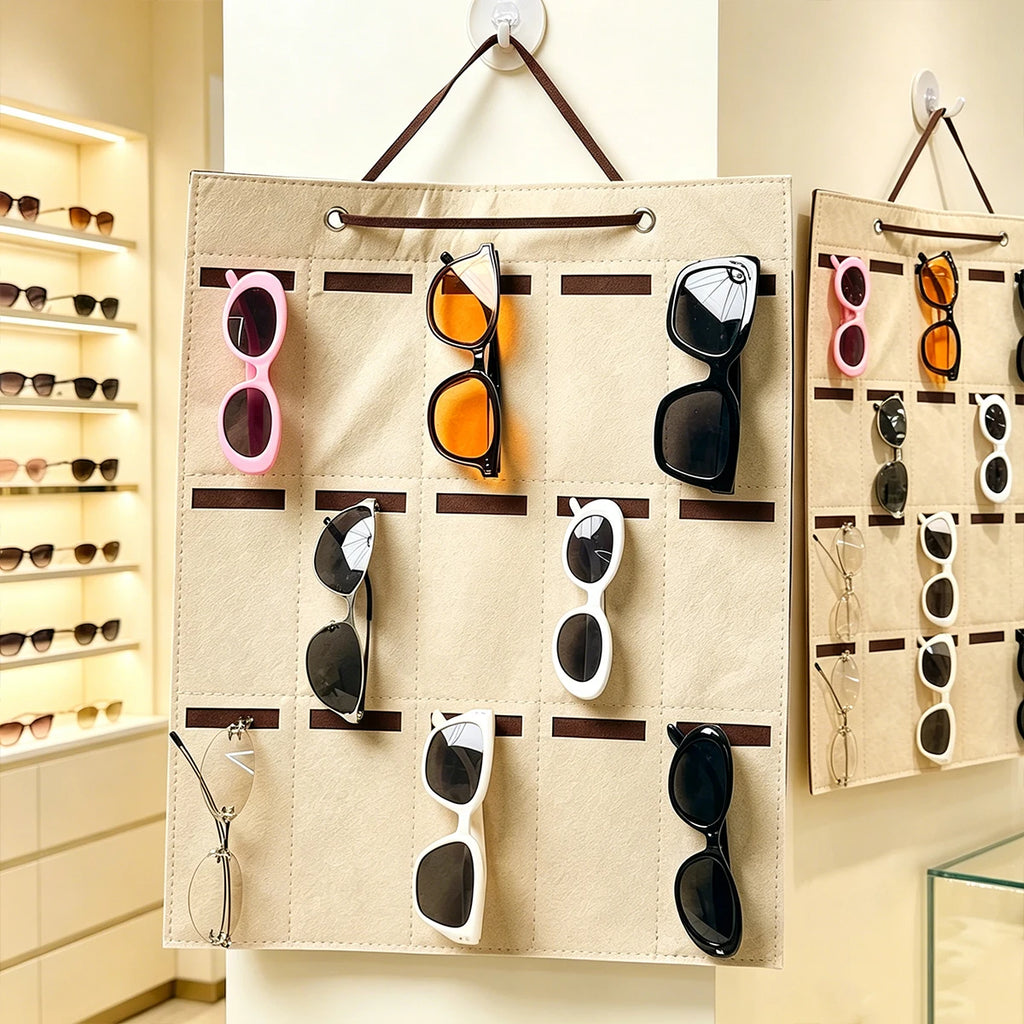 1pc wall mounted khaki 15grid sunglasses vertical storage hanging bag foldable portable glasses organizing hanging display rack Oasis Select
