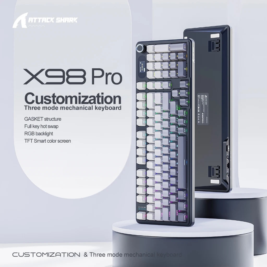 Attack Shark X98 Pro Mechanical Keyboard 3-Mode Wireless (BT/2.4G) Gasket Mount Hot-Swap RGB & TFT Screen | 4000mAh 80% Layout Oasis Select