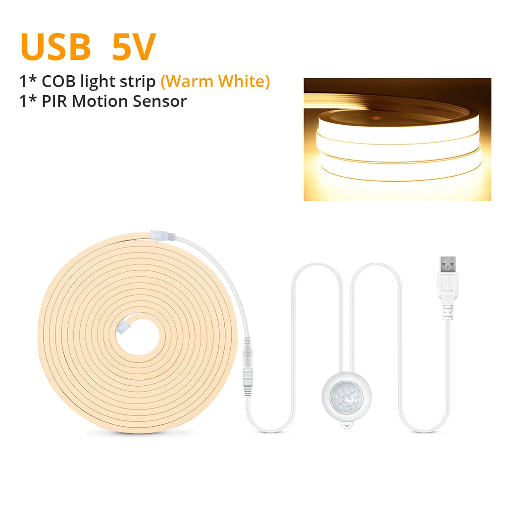 Motion Sensor COB LED Neon Strip Lights Pure Silica Gel DC5V USB Smart Human Body Induction Kitchen Bedroom Night Security Lamp Oasis Select Warm White 3M