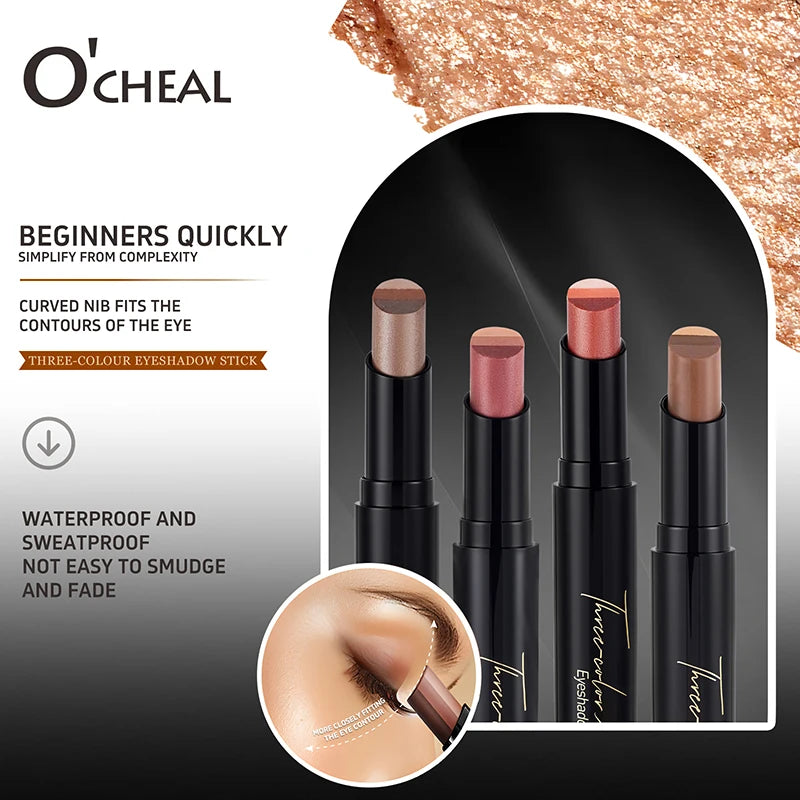 O'CHEAL 3-Color Glitter Eye Shadow Stick – Waterproof & Long-Lasting