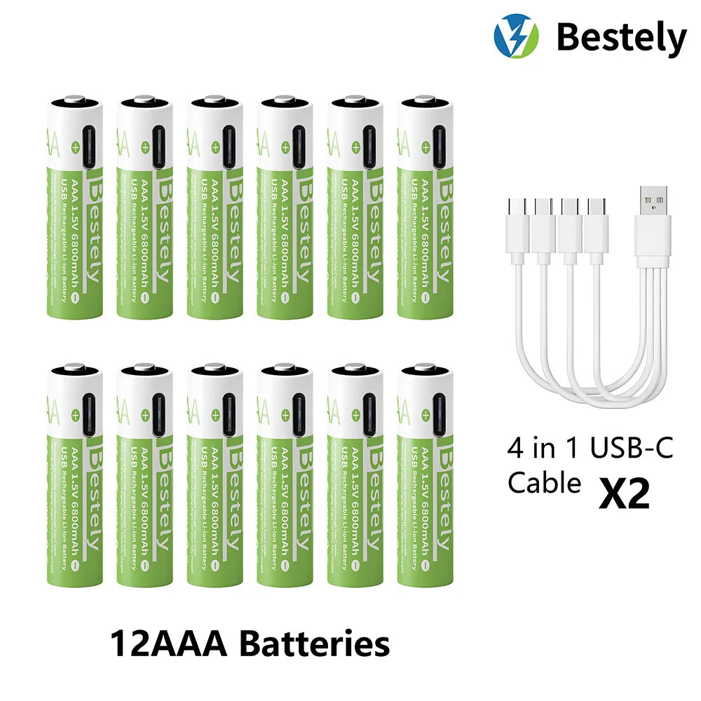 AAA Battery Rechargeable 2000+ Cycles 1.5V 6800mAh Li-ion Type-C Charging Triple Safety Long-Lasting Power Batteries Oasis Select 12 pcs AAA Batteries
