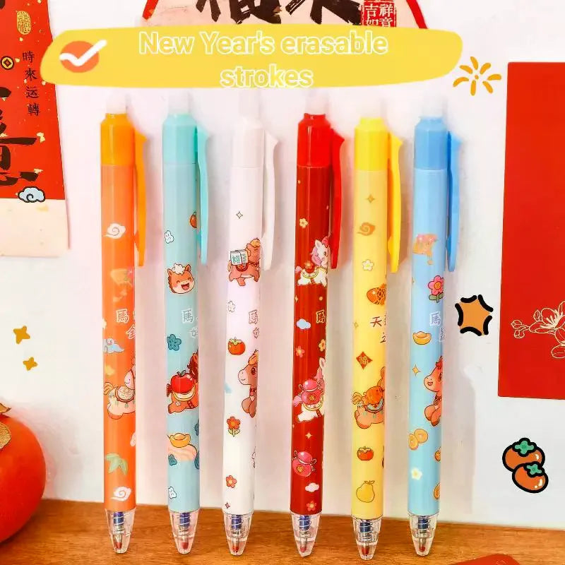 3Pcs Cute Cartoon New Year's Pony Erasable Pen Press Magic Brush Gel Pen Student Stationery Supplies New Year Stationery Gifts Oasis Select