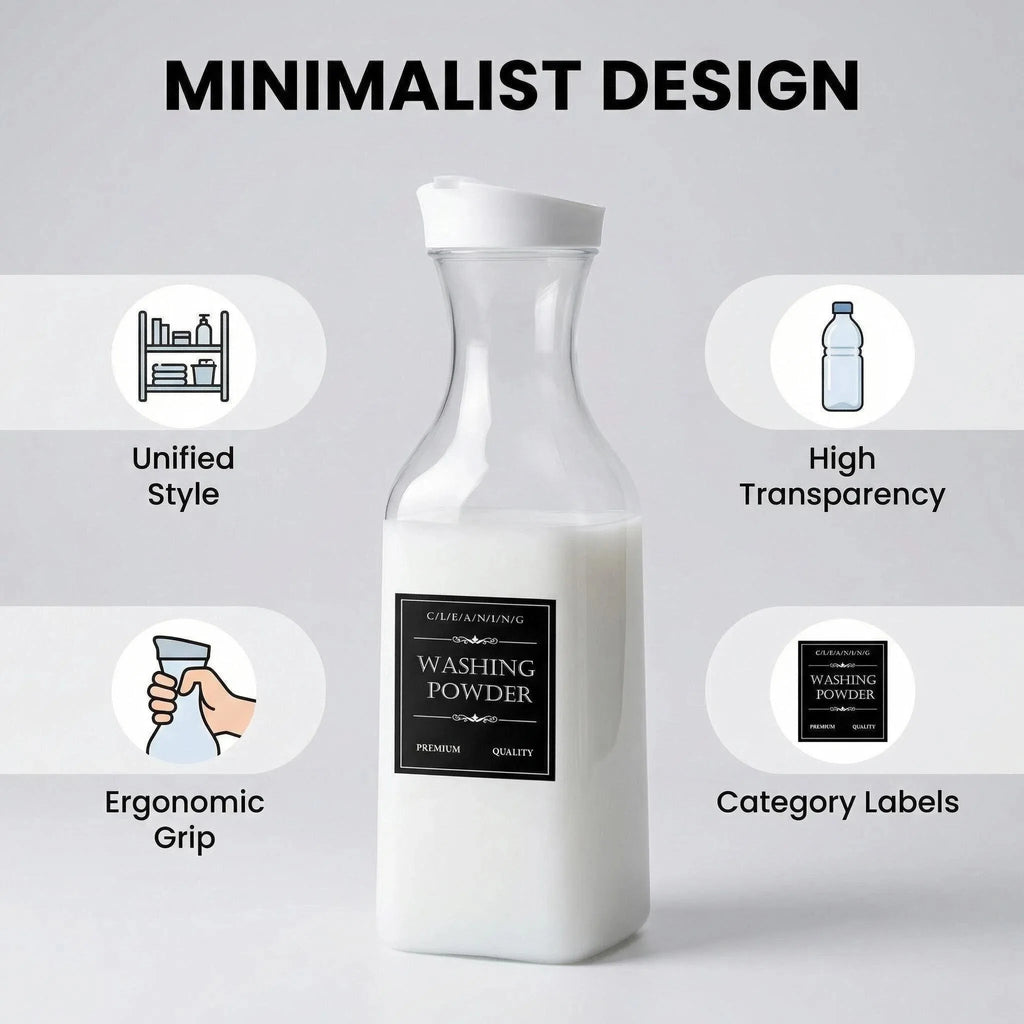 Laundry Detergent Dispenser Bottle with Labels Refillable Plastic Liquid Soap Container White Cap Room Organizer Storage Oasis Select