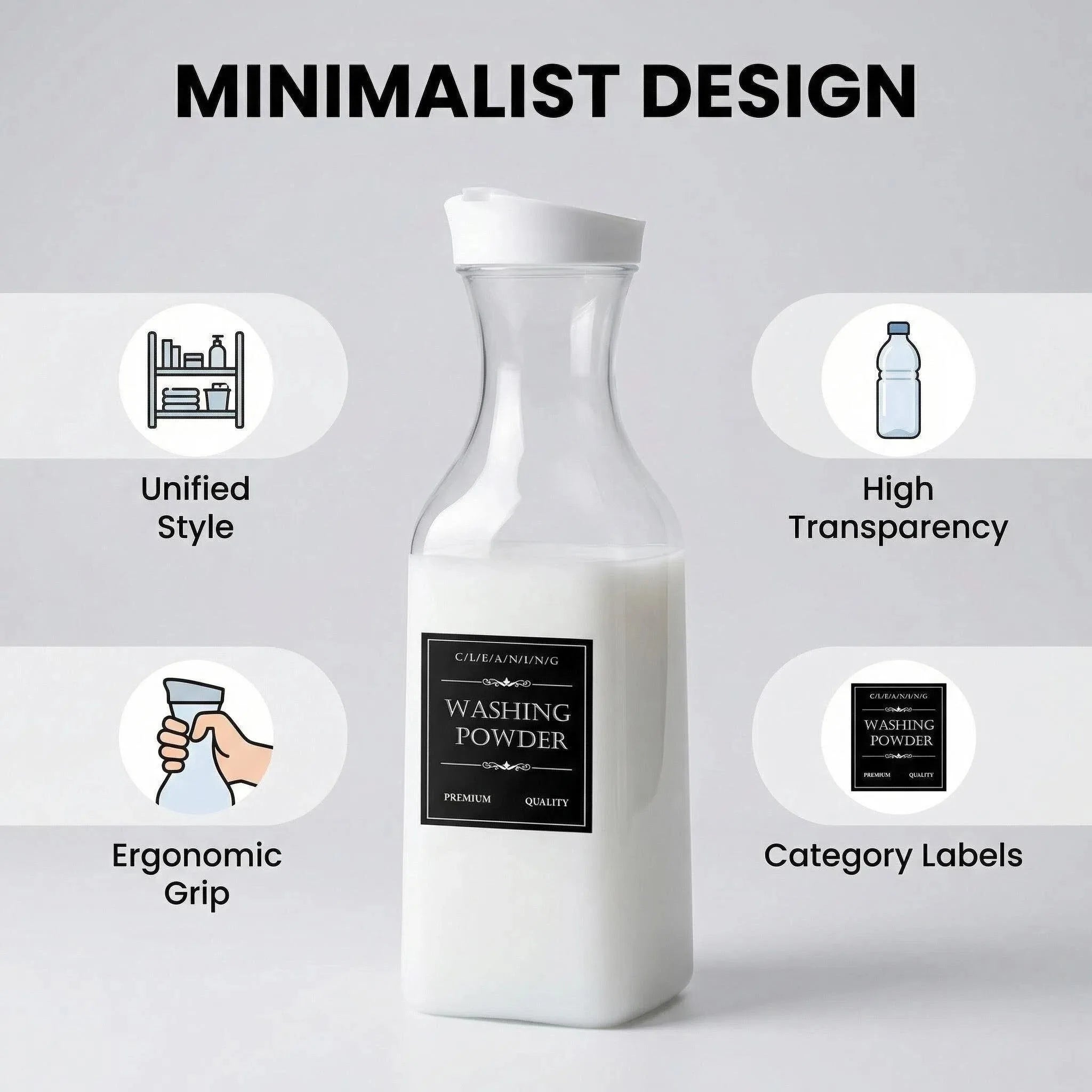 Laundry Detergent Dispenser Bottle with Labels Refillable Plastic Liquid Soap Container White Cap Room Organizer Storage Oasis Select