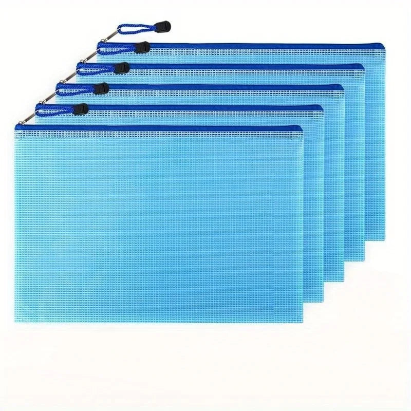 5pcs Thickened A4 file bag with zipper, PVC transparent mesh, large capacity student stationery, office supplies, data file bag Oasis Select Blue