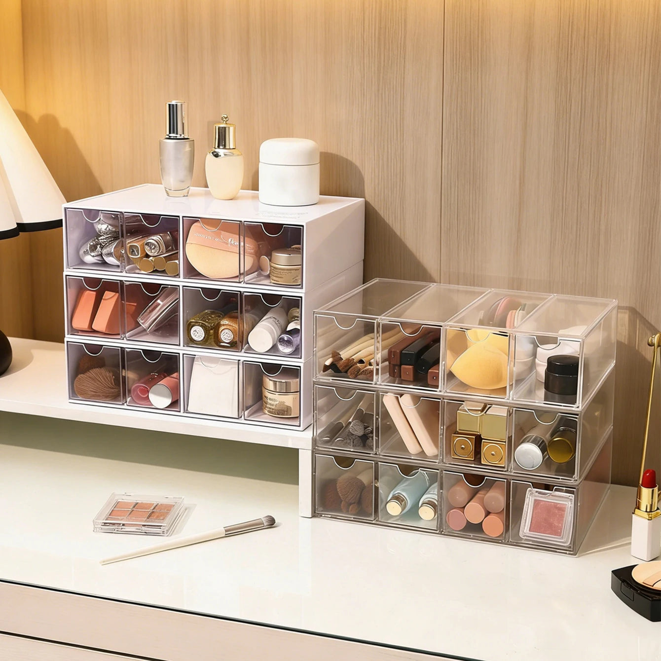 1pc one layer four grid transparent/white acrylic cosmetics storage box, stackable drawer style dressing table display box Oasis Select