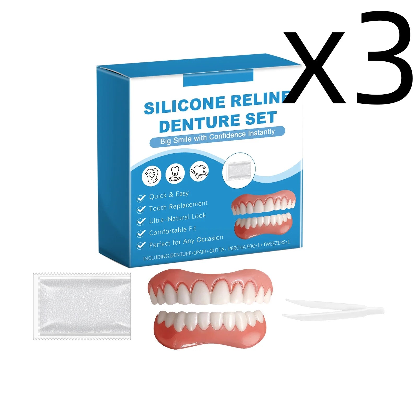 Silicone Reline Denture Set Perfect Fit Oral Repair Missing Broken Tooth High Durable Natural Appearance Portable Fake Teeth Kit Oasis Select 1set Boxed X 3PCS